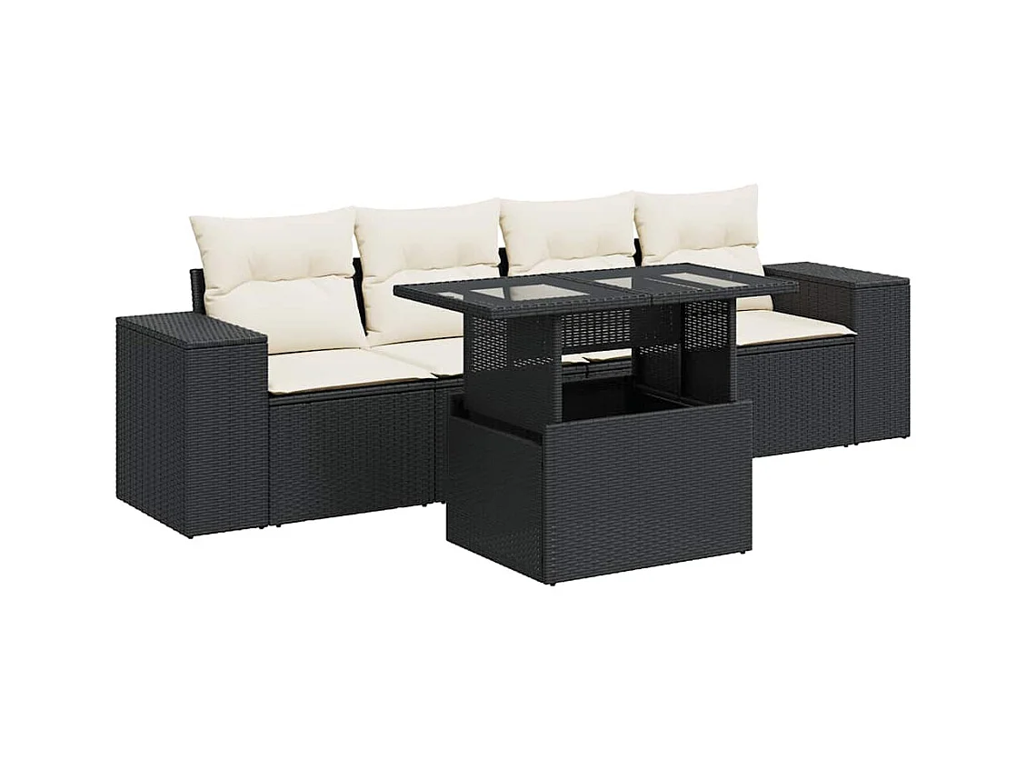 Salon de jardin 5 pcs avec coussins noir résine tressée