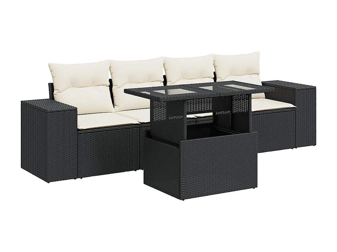5-tlg. Garten-Sofagarnitur mit Kissen Schwarz Poly Rattan