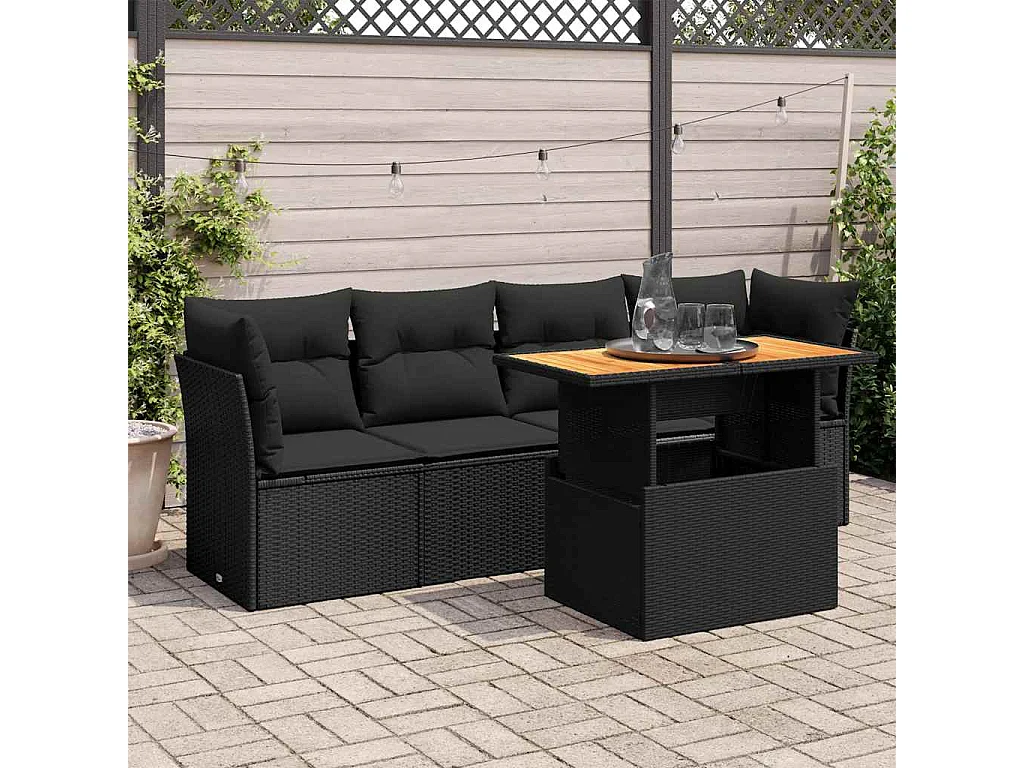 Set Divani da Giardino 5 pz con Cuscini in Polyrattan Nero