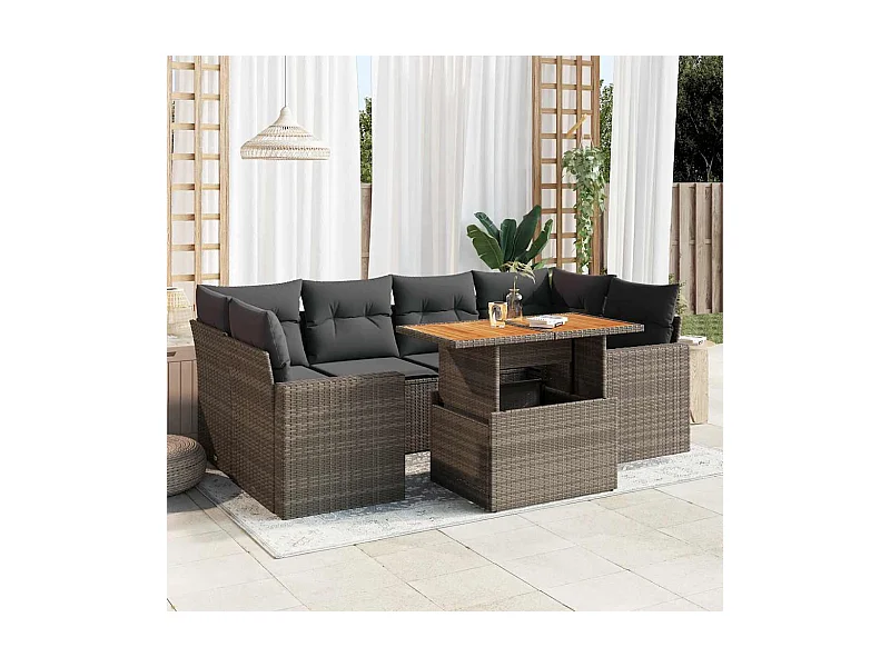 Salon de jardin avec coussins 7 pcs gris résine tressée