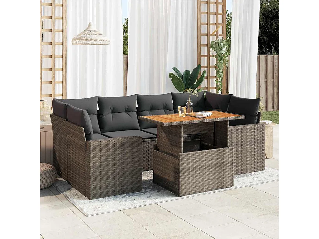 7-delige Loungeset met kussens poly rattan grijs