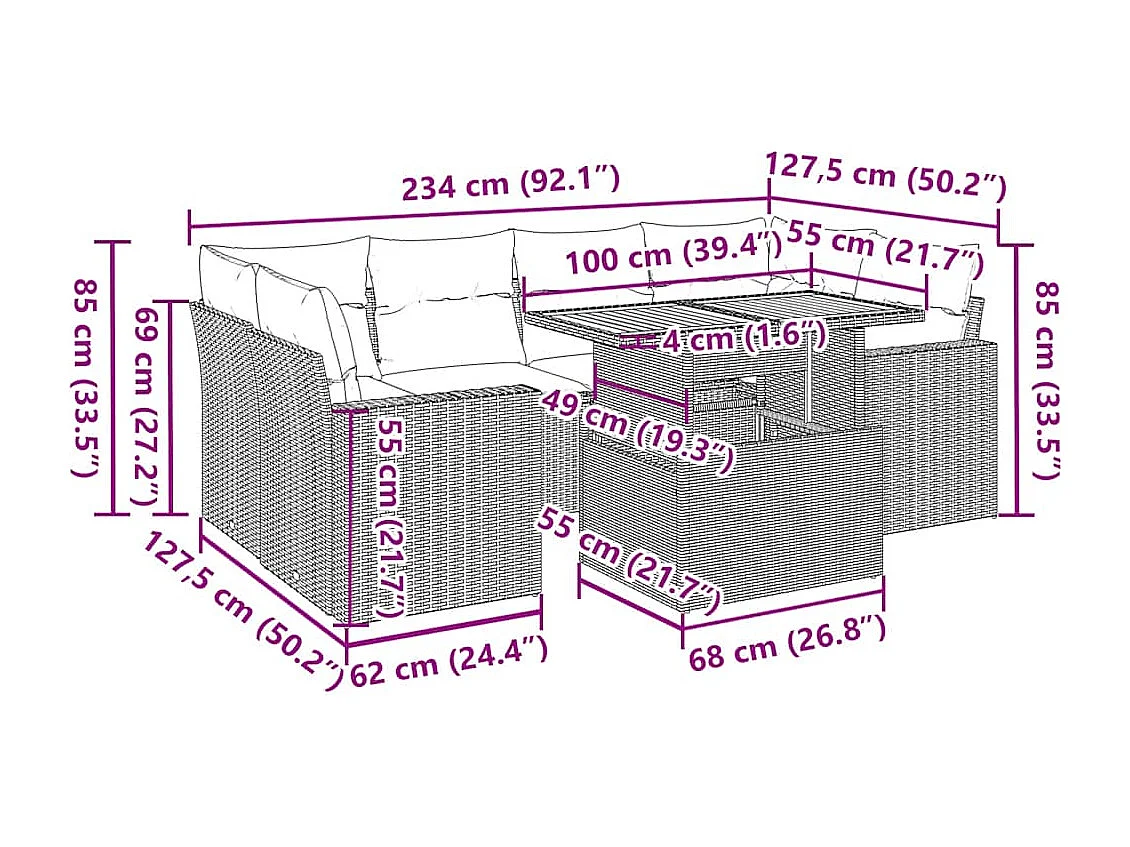 7-delige Loungeset met kussens poly rattan grijs