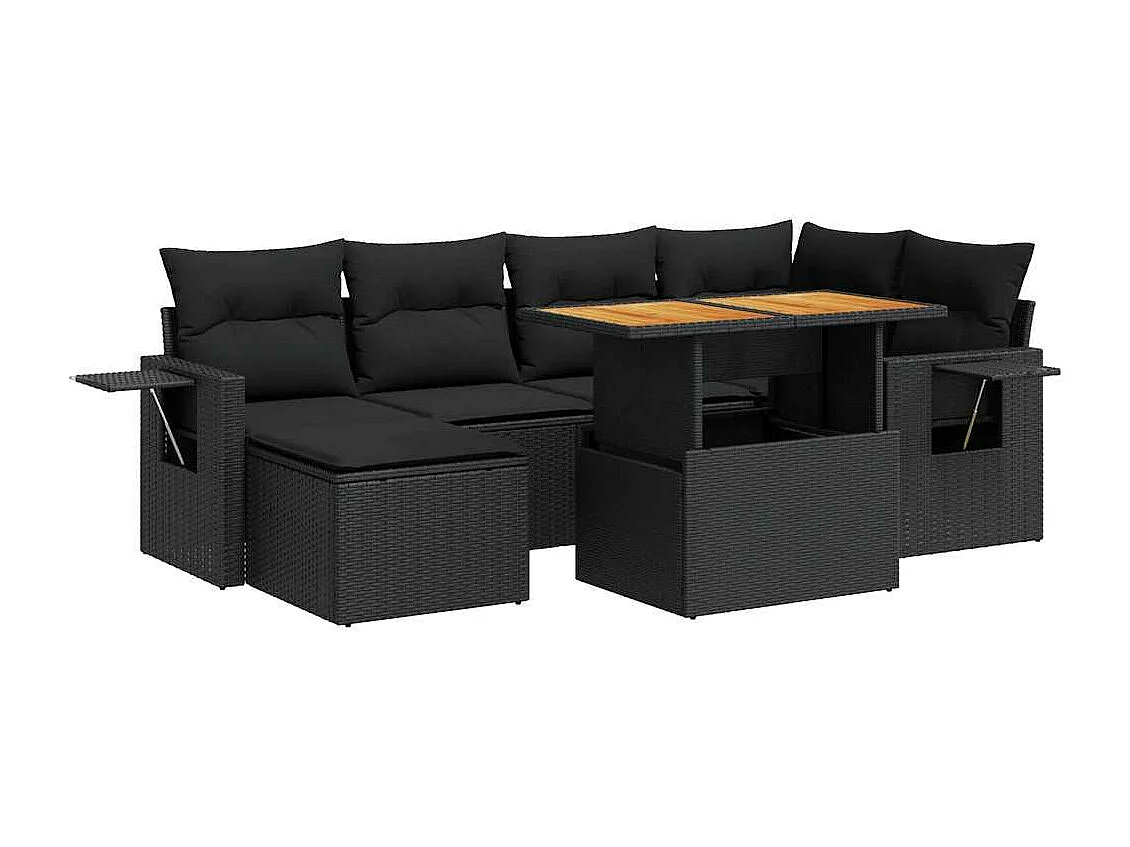 Set Divani da Giardino con Cuscini 7pz Nero Polyrattan