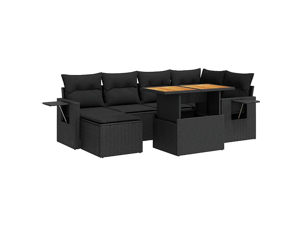 Salon de jardin 7 pcs avec coussins noir résine tressée