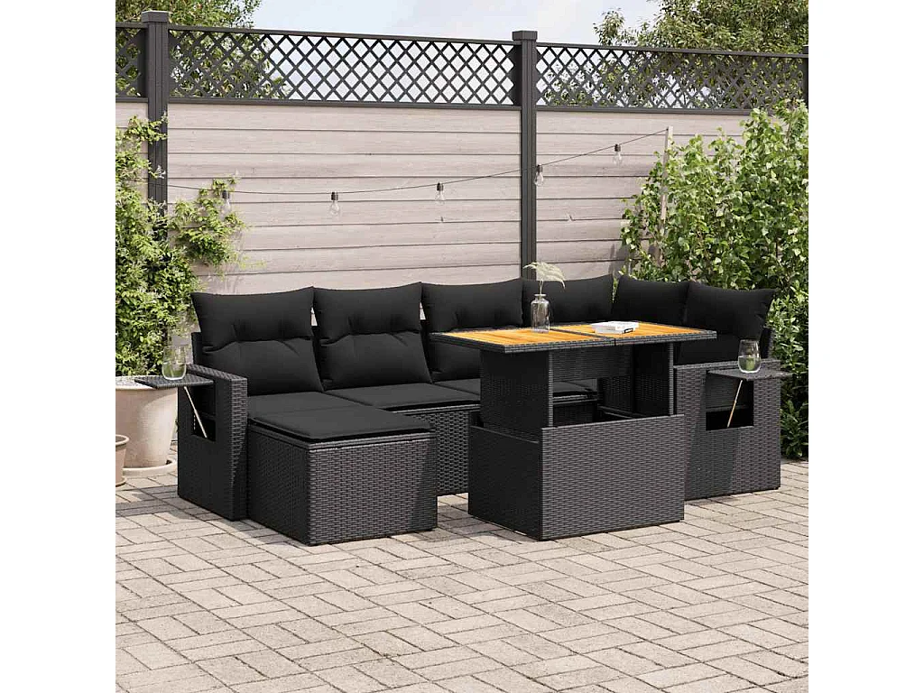 Salon de jardin 7 pcs avec coussins noir résine tressée
