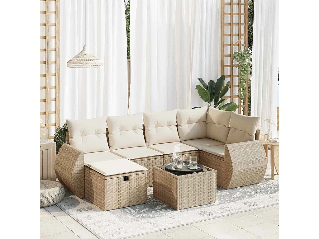 Salon de jardin avec coussins 7 pcs beige résine tressée