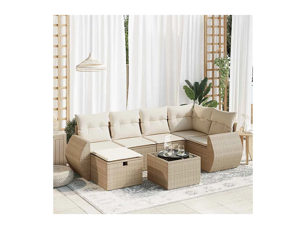 Set Divani da Giardino 7 pz con Cuscini Beige in Polyrattan