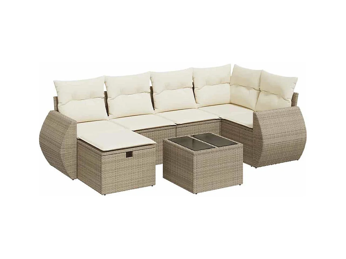 7-tlg. Garten-Sofagarnitur mit Kissen Beige Poly Rattan