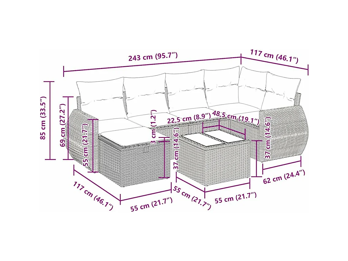 7-tlg. Garten-Sofagarnitur mit Kissen Beige Poly Rattan