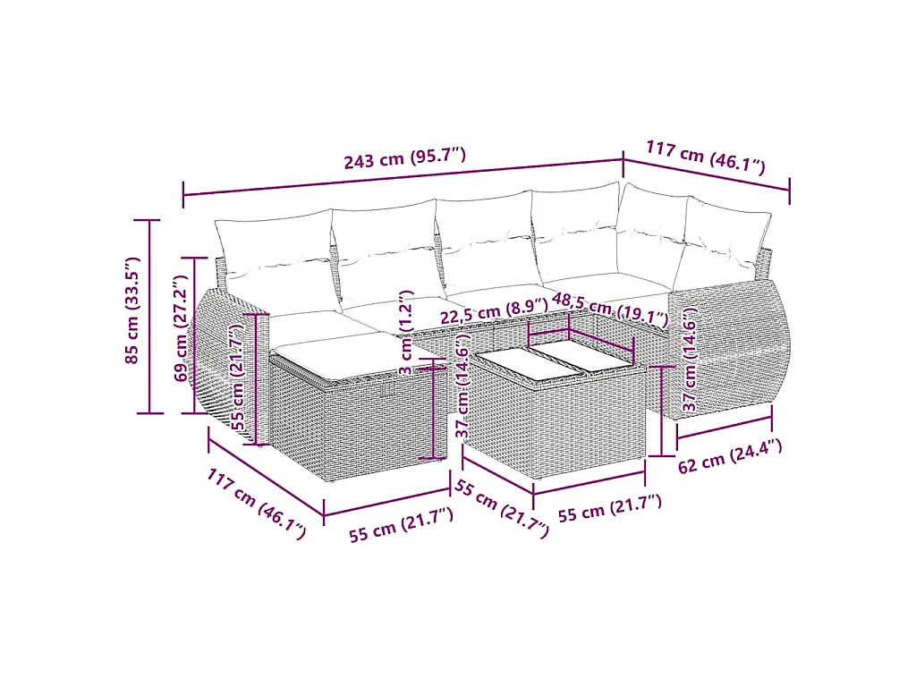 7-tlg. Garten-Sofagarnitur mit Kissen Beige Poly Rattan
