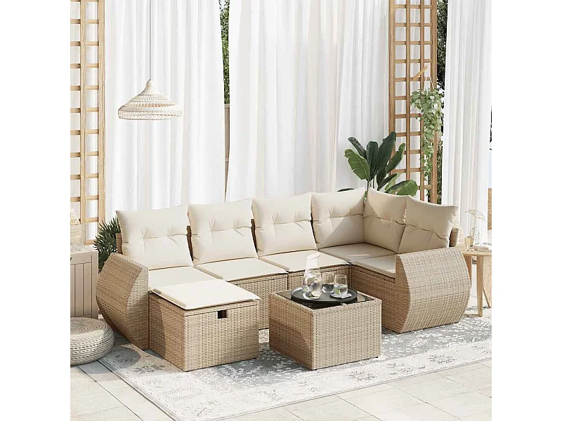 Salon de jardin avec coussins 7 pcs beige résine tressée