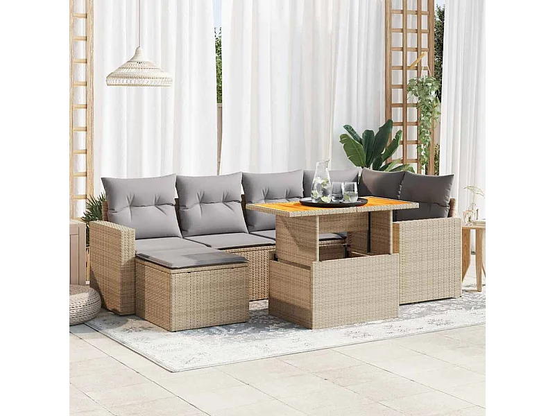 Set Divani da Giardino 7 pz con Cuscini Beige in Polyrattan