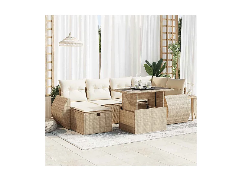 7-tlg. Garten-Sofagarnitur mit Kissen Beige Poly Rattan