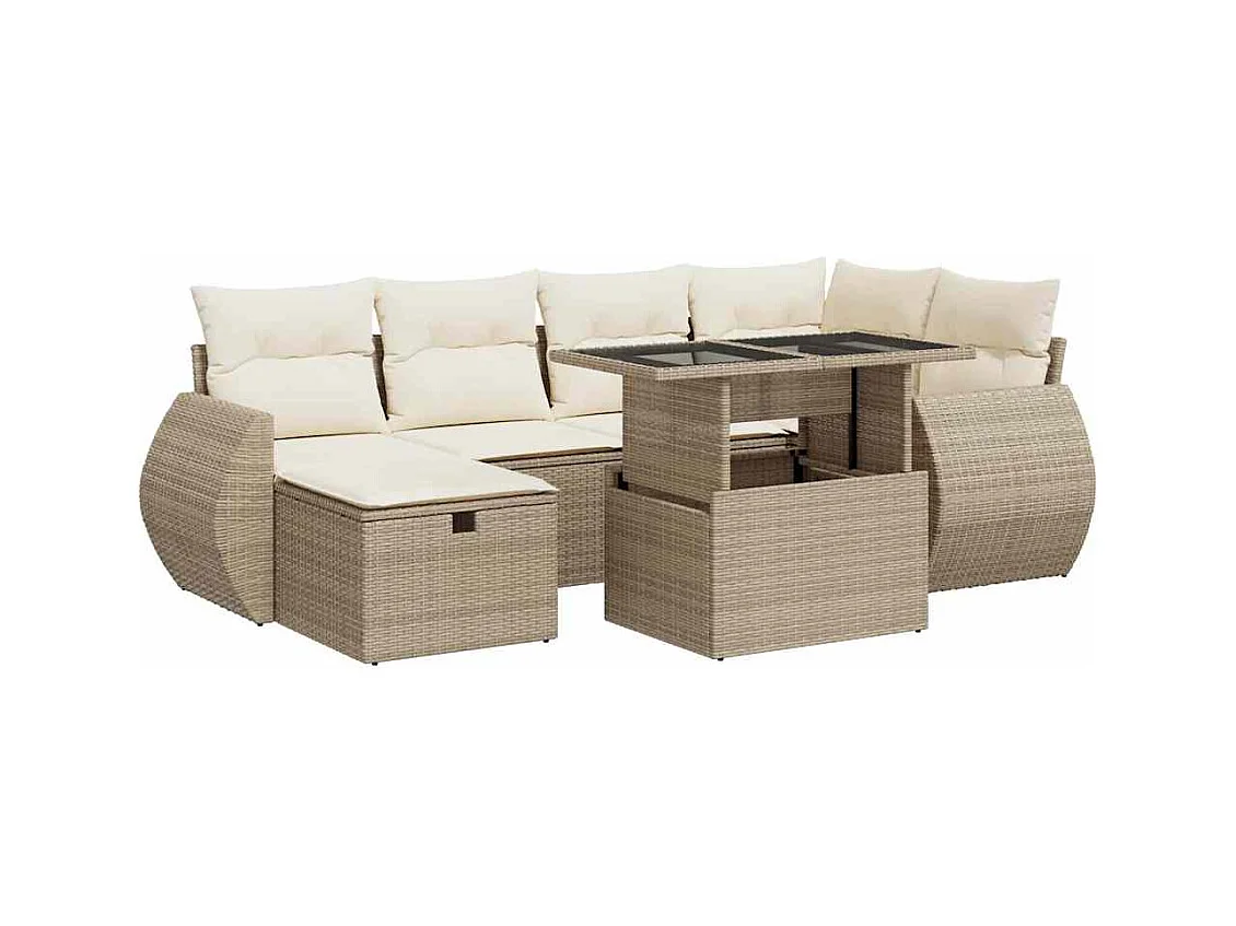 7-tlg. Garten-Sofagarnitur mit Kissen Beige Poly Rattan
