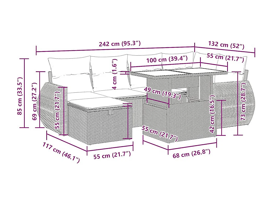 Set Divani da Giardino 7 pz con Cuscini Beige in Polyrattan