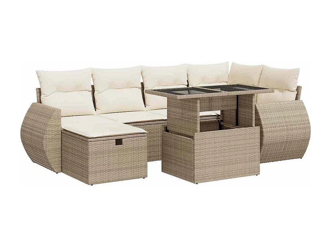 7-tlg. Garten-Sofagarnitur mit Kissen Beige Poly Rattan