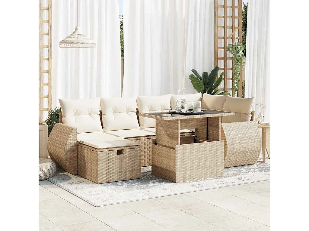 7-tlg. Garten-Sofagarnitur mit Kissen Beige Poly Rattan