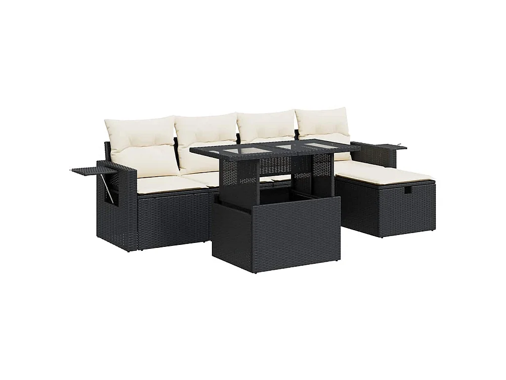 6-tlg. Garten-Sofagarnitur mit Kissen Schwarz Poly Rattan