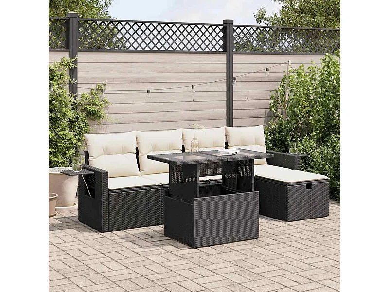 Salon de jardin 6 pcs avec coussins noir résine tressée