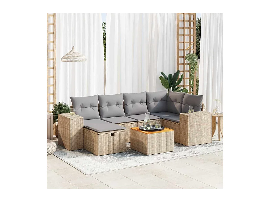 7-delige Loungeset met kussens poly rattan beige