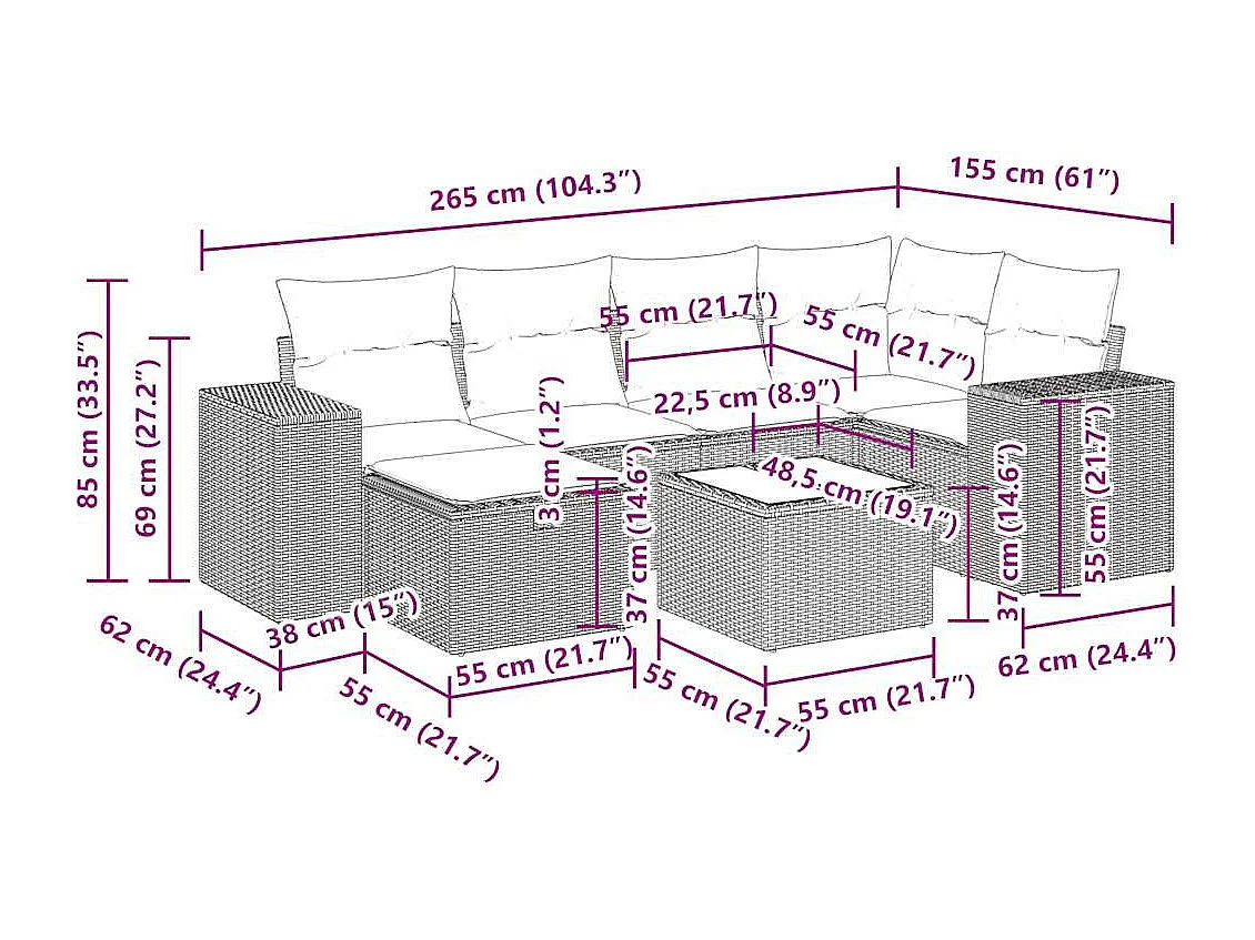 Salon de jardin avec coussins 7 pcs marron résine tressée
