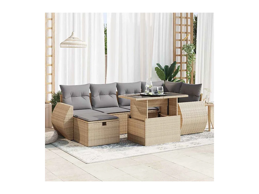 7-delige Loungeset met kussens poly rattan beige