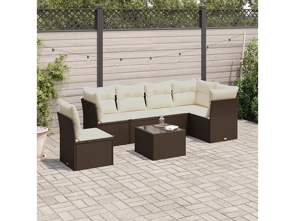 7-delige Loungeset met kussens poly rattan bruin
