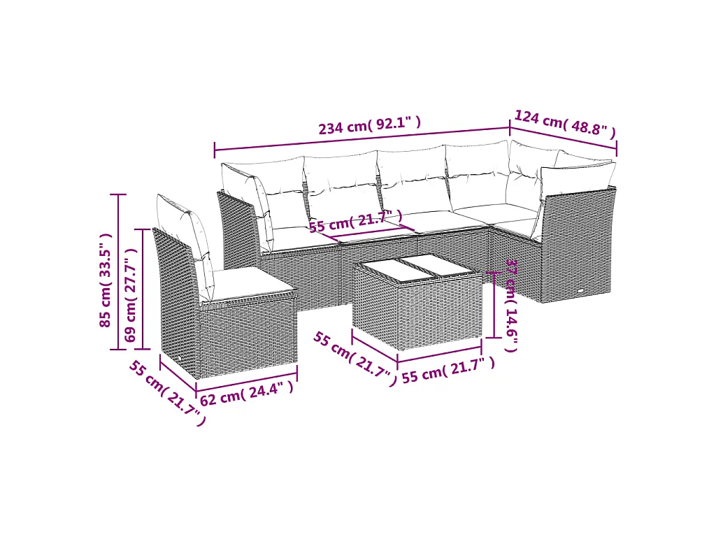 7-delige Loungeset met kussens poly rattan bruin