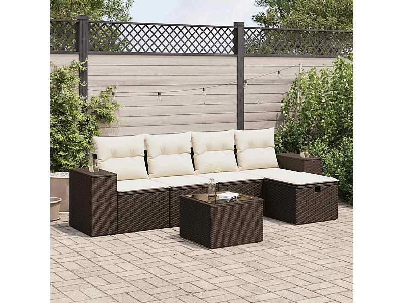 Set Divano da Giardino 6 pz con Cuscini Marrone in Polyrattan