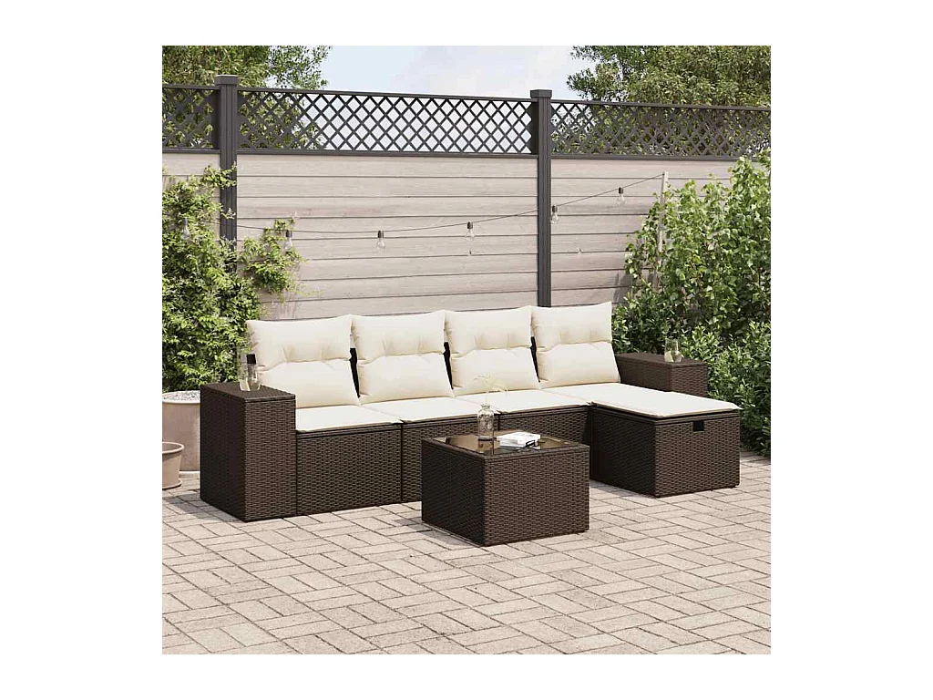 Set Divano da Giardino 6 pz con Cuscini Marrone in Polyrattan