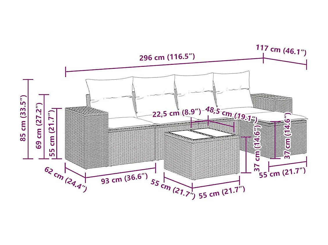 Salon de jardin avec coussins 6 pcs marron résine tressée