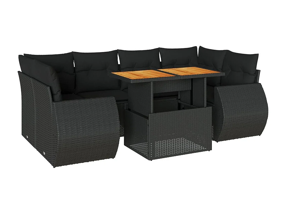 7-tlg. Garten-Sofagarnitur mit Kissen Schwarz Poly Rattan