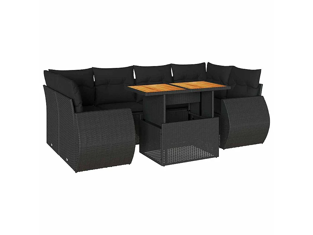 7-delige Loungeset met kussens poly rattan zwart