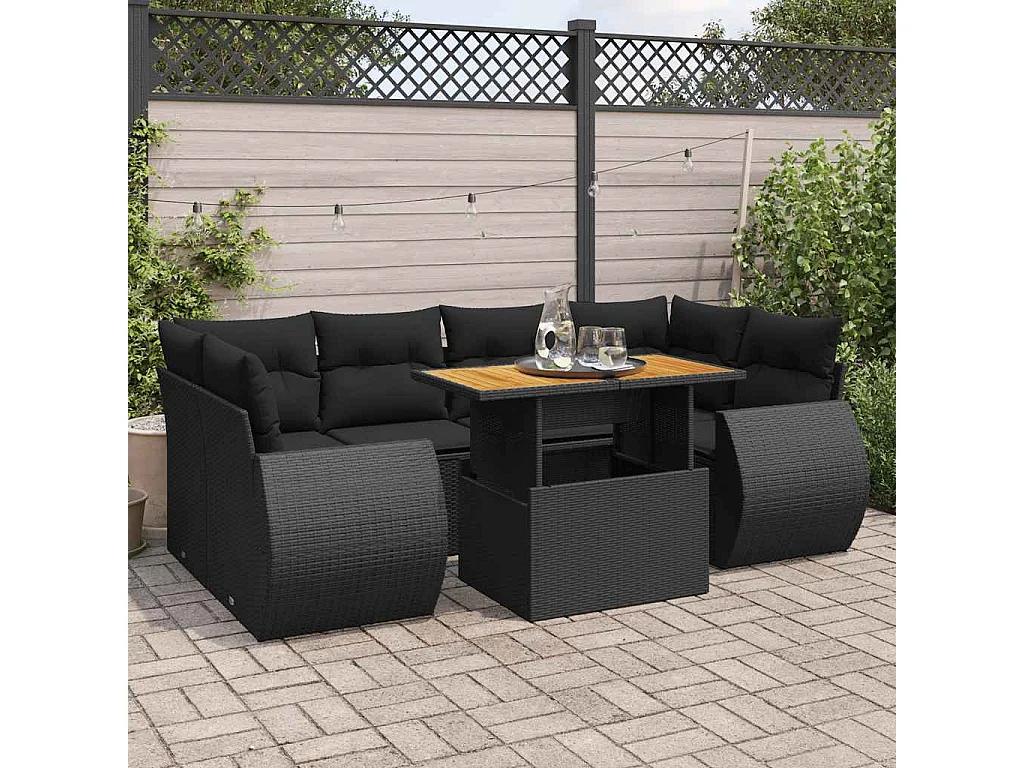 7-delige Loungeset met kussens poly rattan zwart
