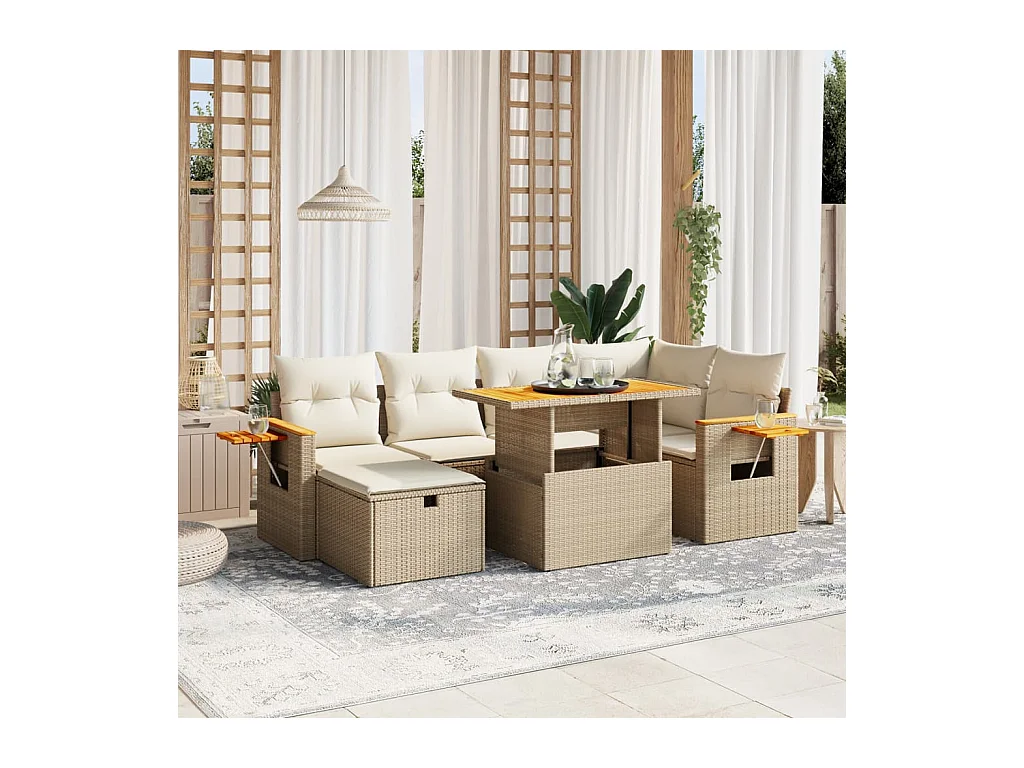 Salon de jardin avec coussins 7 pcs beige résine tressée