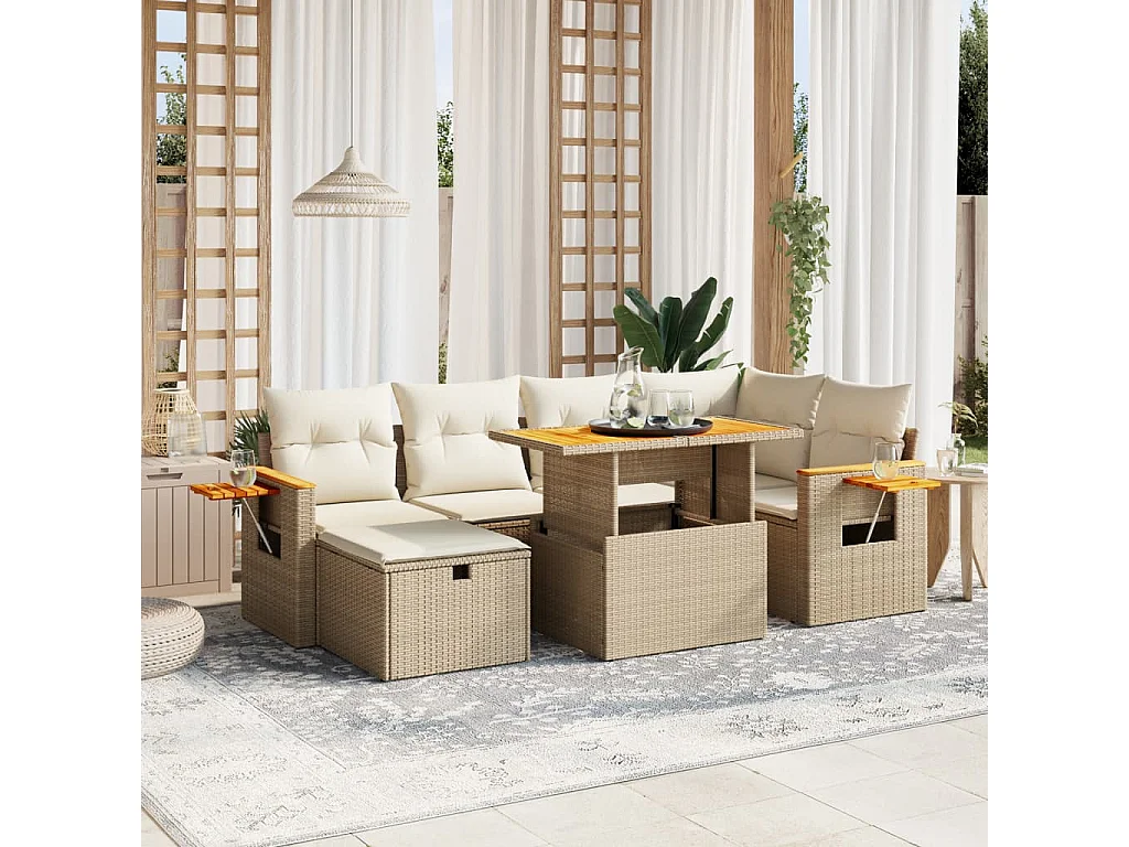 Set Divani da Giardino 7 pz con Cuscini Beige in Polyrattan