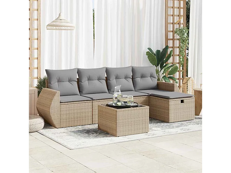 6-delige Loungeset met kussens poly rattan beige