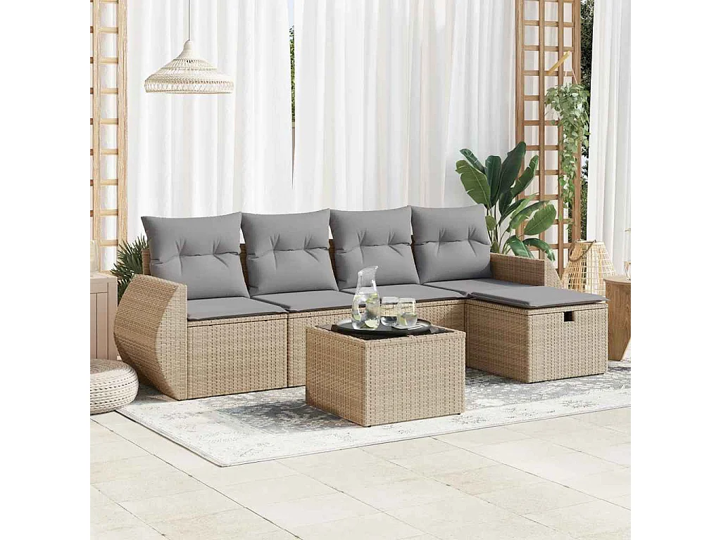 Salon de jardin avec coussins 6 pcs beige résine tressée