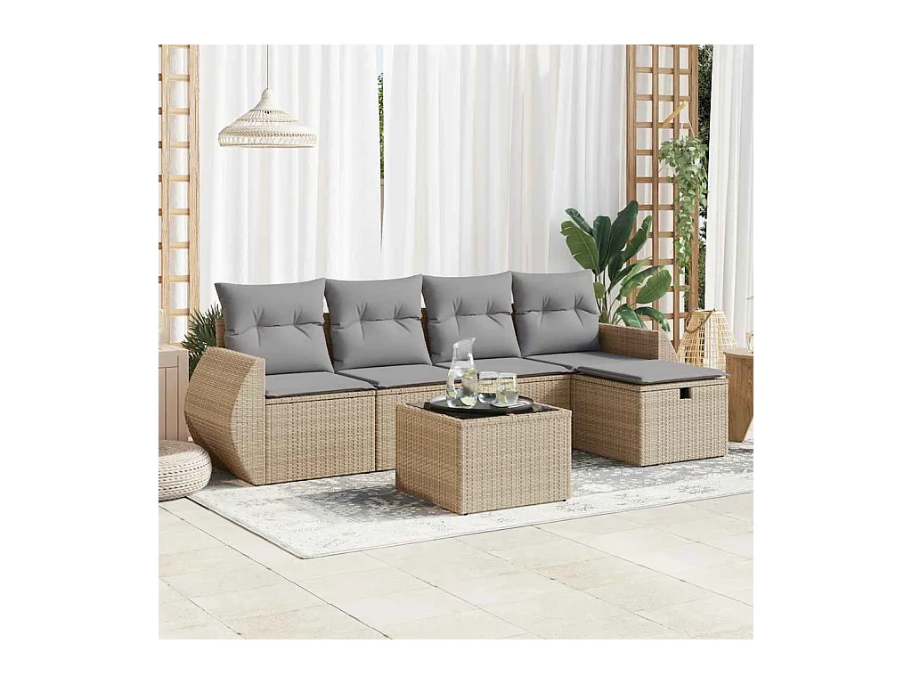 Salon de jardin avec coussins 6 pcs beige résine tressée