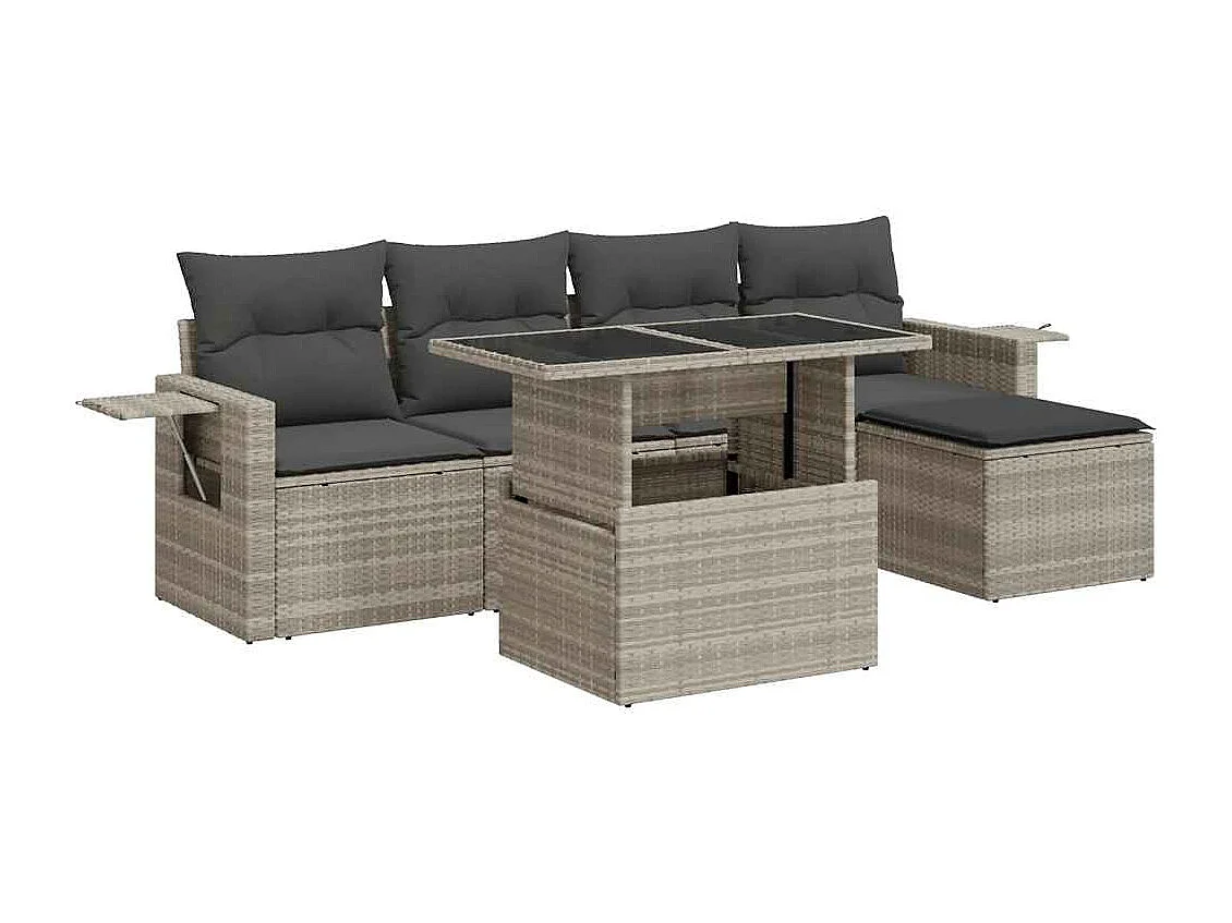 6-delige Loungeset met kussens poly rattan lichtgrijs