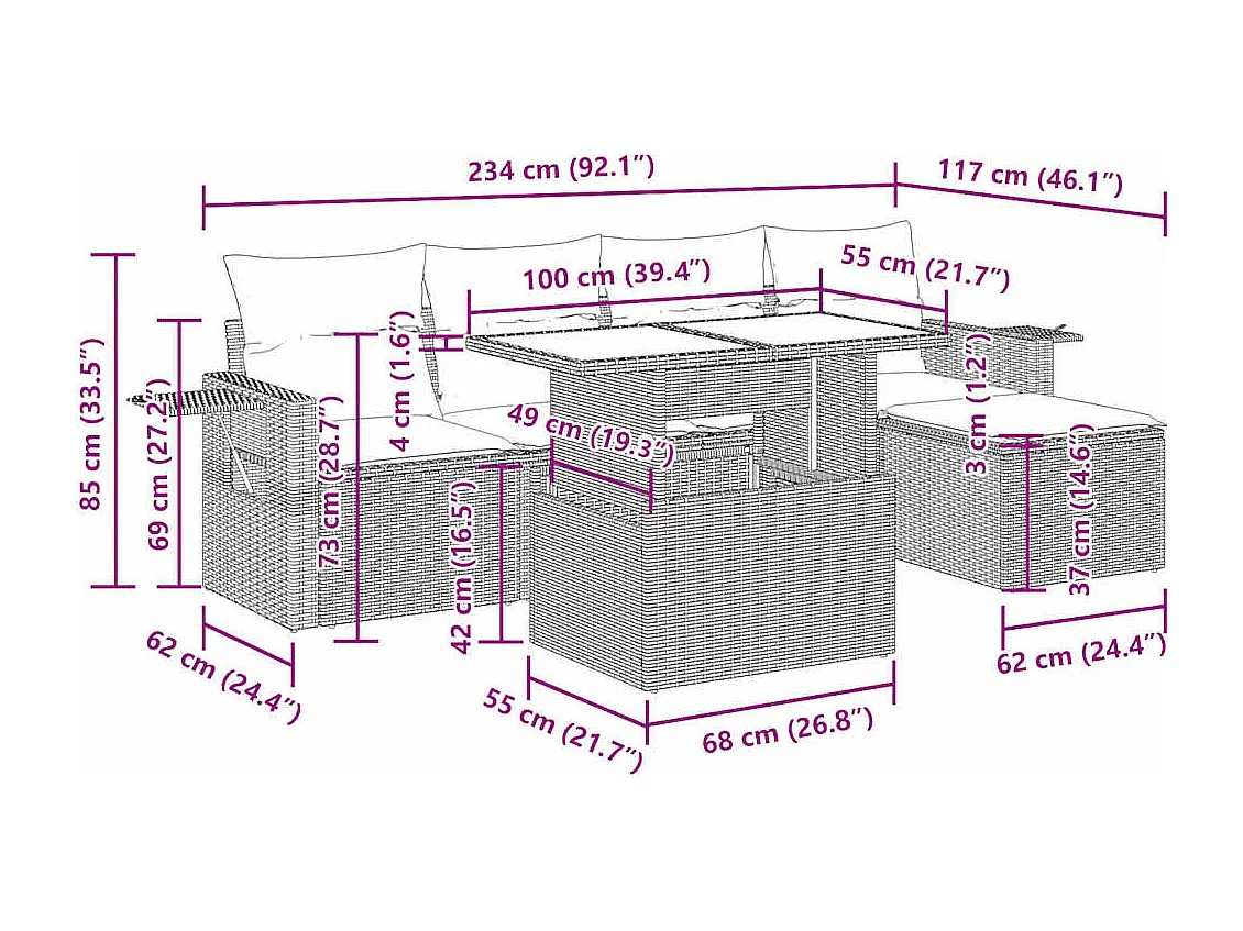 6-delige Loungeset met kussens poly rattan lichtgrijs