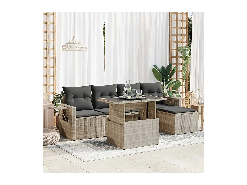 Salon de jardin 6 pcs avec coussins gris clair résine tressée