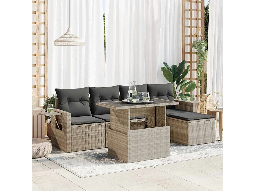 Set de sofás de jardín 6 pzas y cojines ratán sintético gris