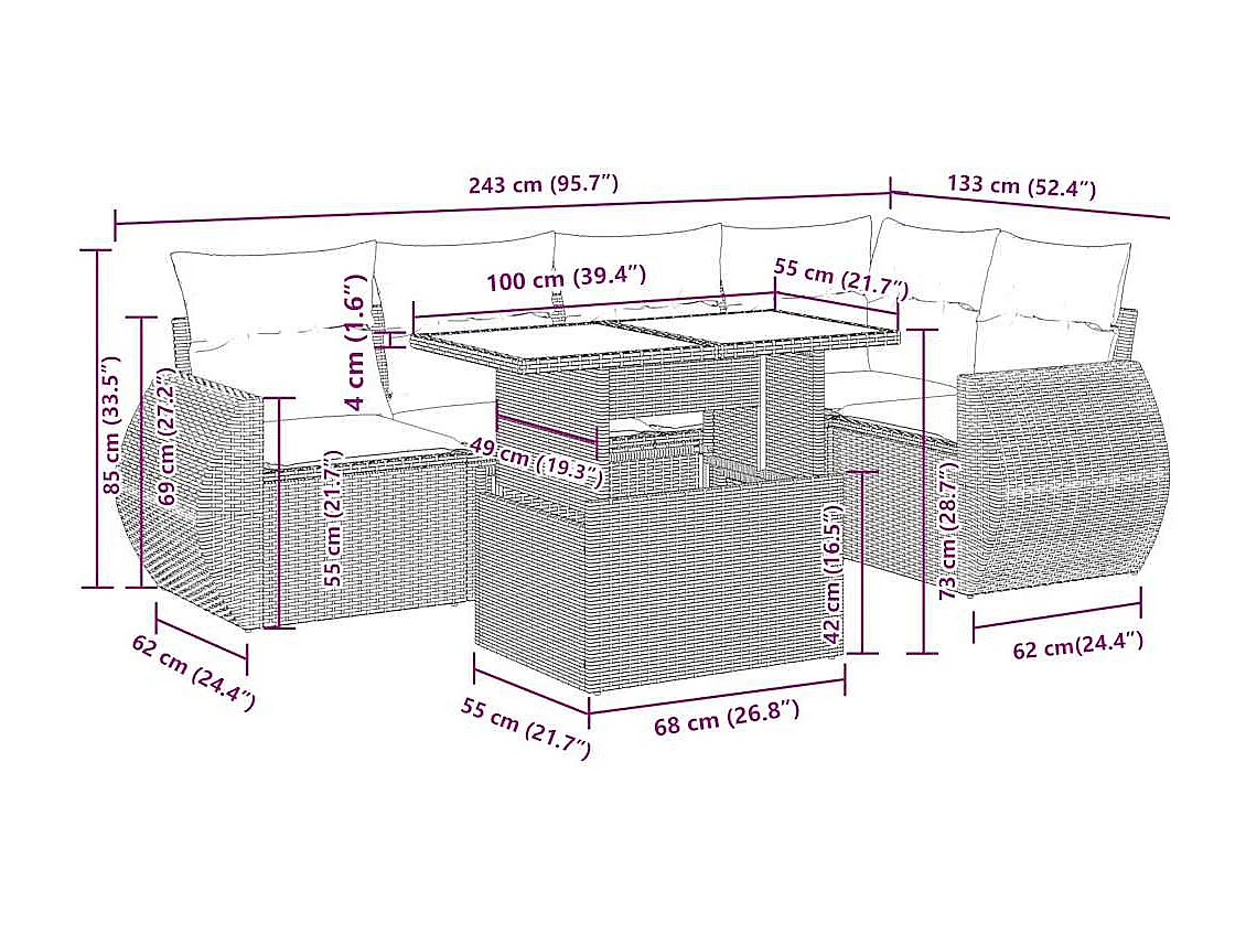 Salon de jardin 6 pcs avec coussins gris clair résine tressée