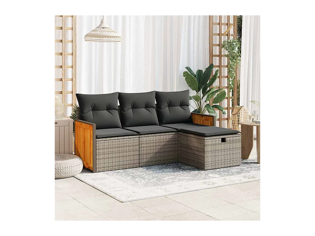 Salon de jardin 4 pcs avec coussins gris résine tressée