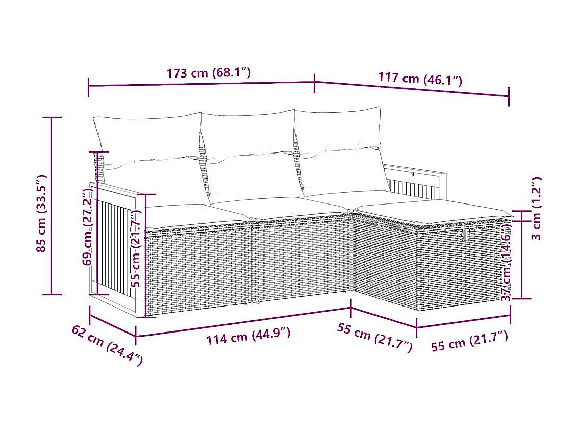 4 pcs conjunto sofás de jardim c/ almofadões vime PE cinzento