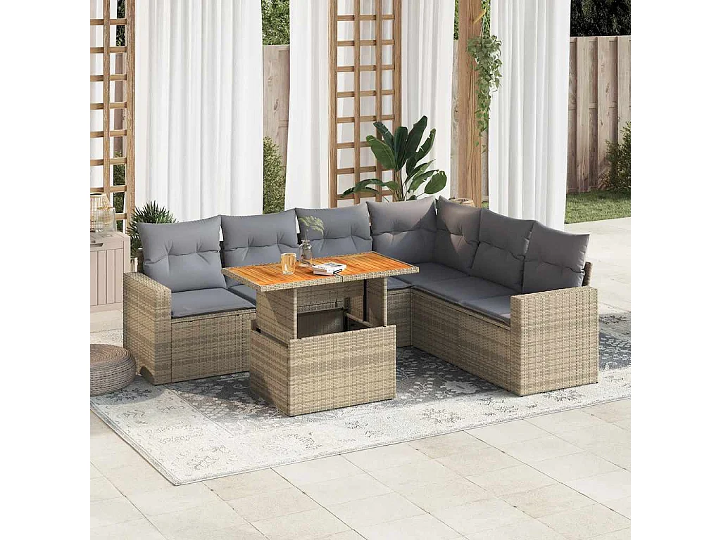 Salon de jardin avec coussins 7 pcs beige résine tressée