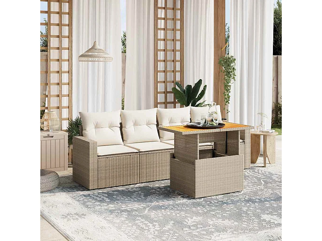 Set Divano da Giardino 5 pz con Cuscini Beige in Polyrattan