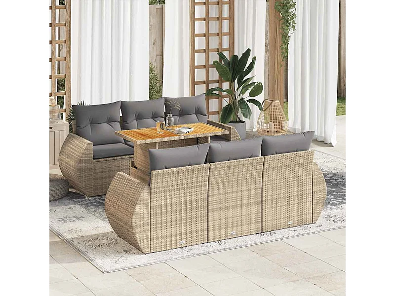 7-delige Loungeset met kussens poly rattan beige