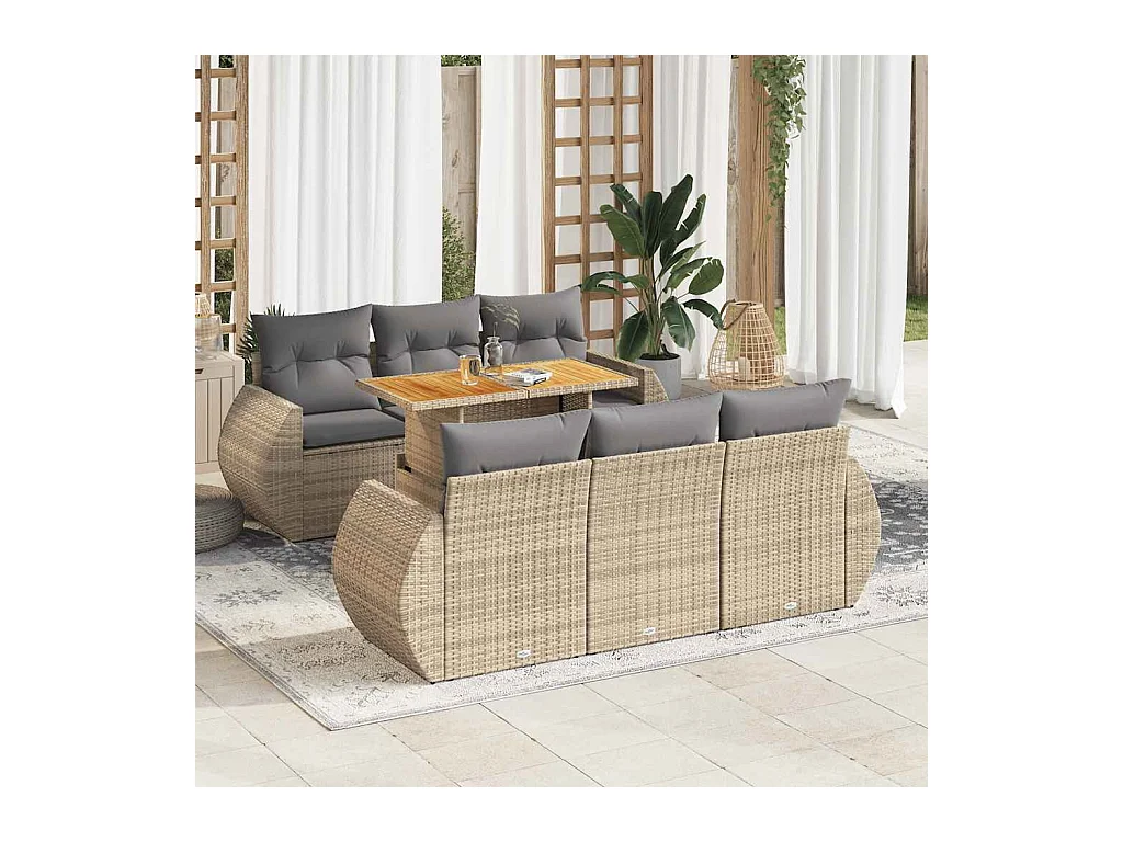 7-delige Loungeset met kussens poly rattan beige